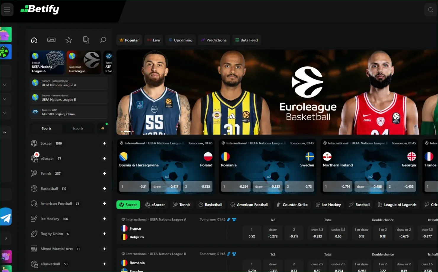 Grille de cotes en direct et paris sportifs sur le bookmaker Betify avec suivi des rencontres football et e-sports