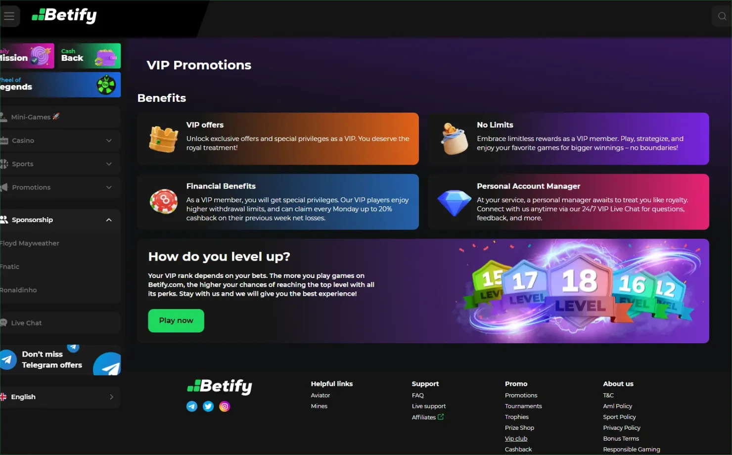 Échelle des 18 rangs du Club VIP Betify Casino avec taux de cashback hebdomadaire de 1 % à 20 % et boutique Bytes
