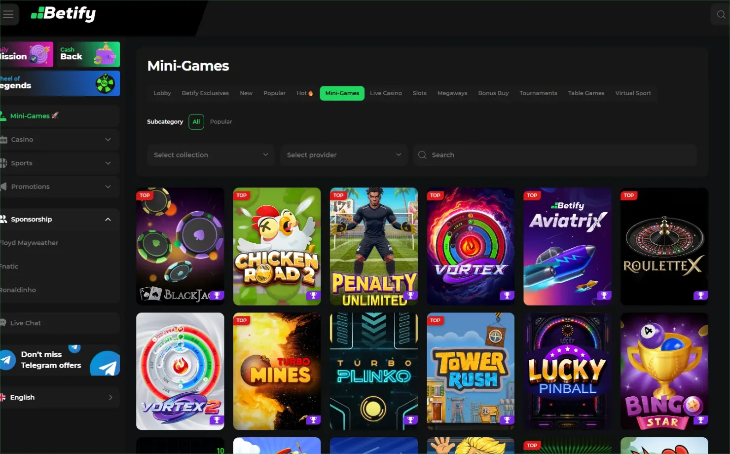 Catalogue des mini-jeux et crash games Provably Fair sur Betify Casino avec Aviator, Aviatrix, Mines et Plinko