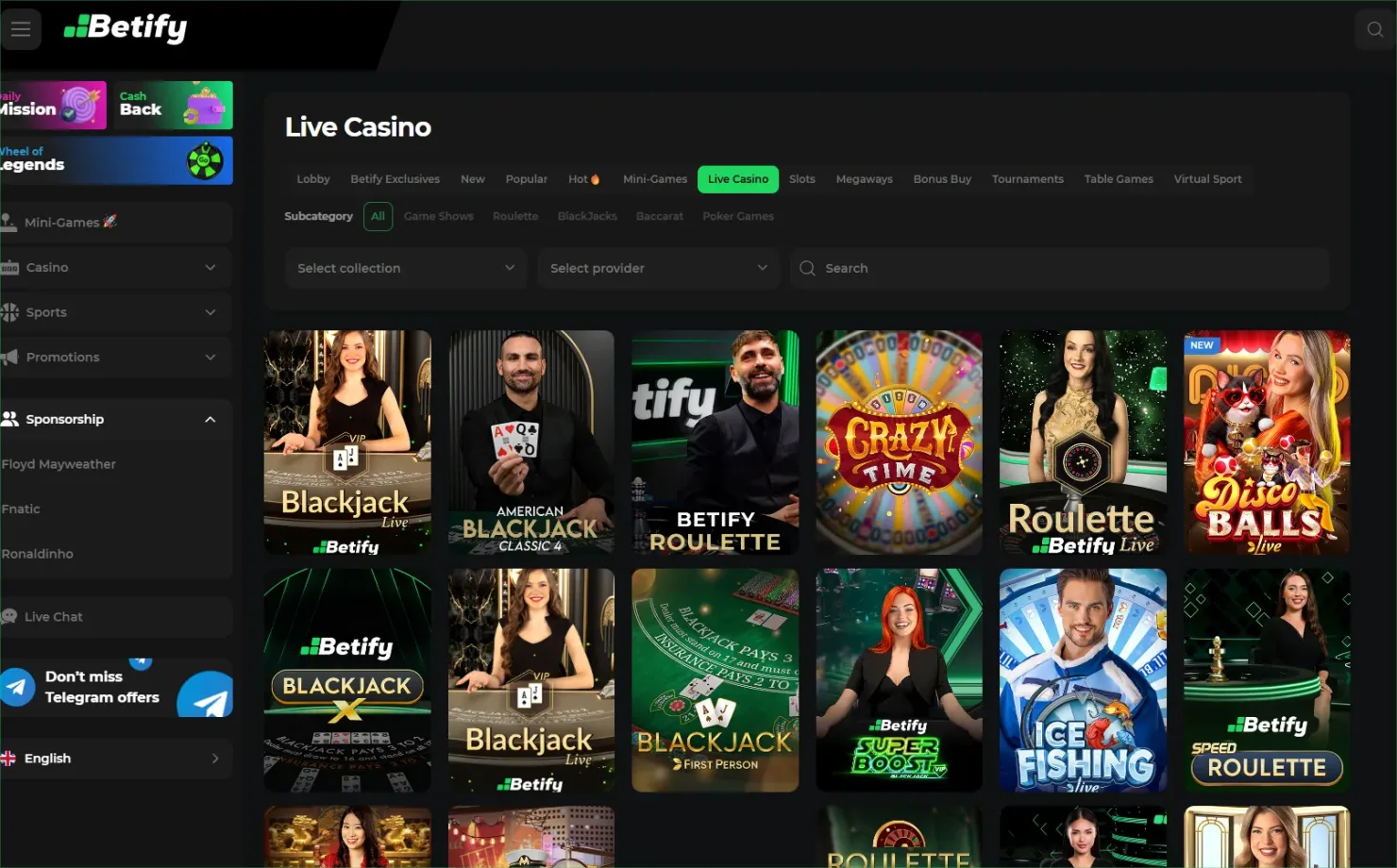 Tables de Live Casino Betify filmées en direct avec croupiers professionnels pour la roulette, le blackjack et les Game Shows