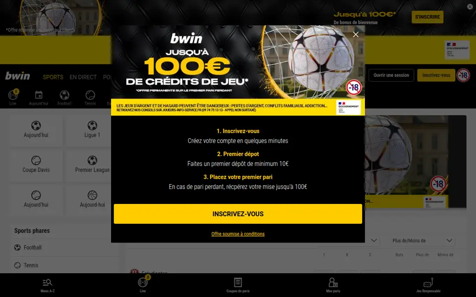 Interface de paris sportifs Bwin France avec support du paiement PayPal