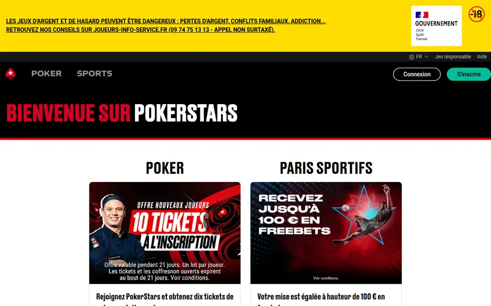 Page officielle PokerStars France acceptant les dépôts PayPal dès 10 euros